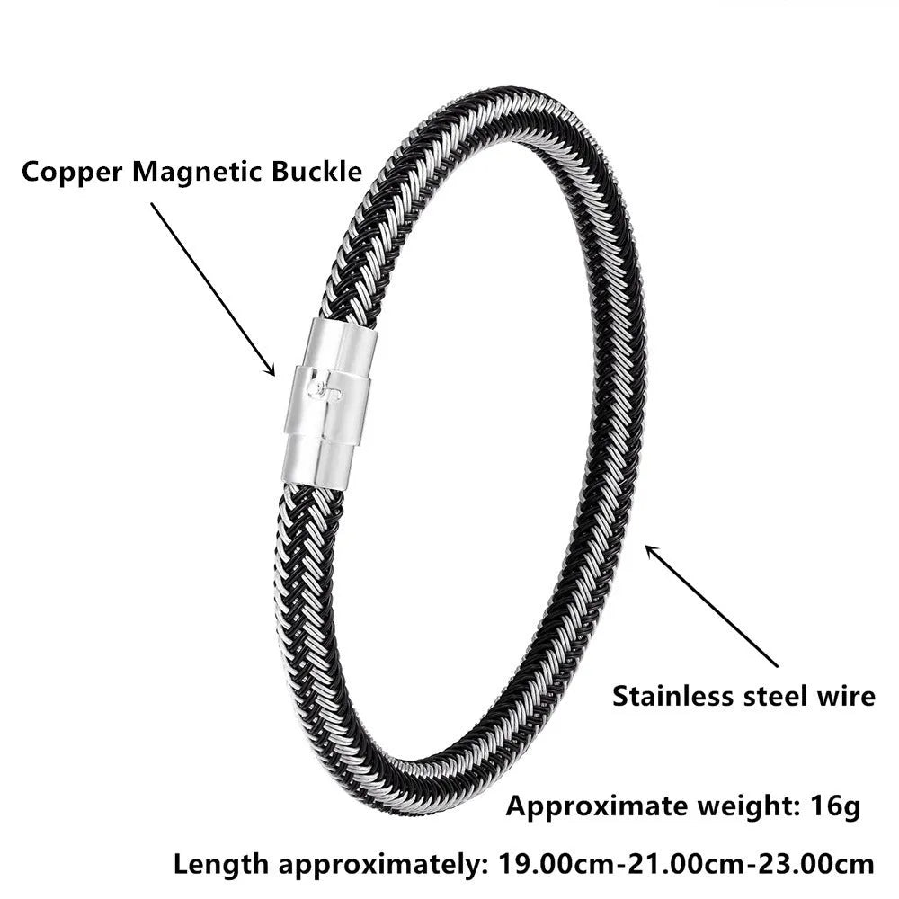 Men's titanium steel geometric wire bracelet with a magnetic clasp, shown in one of four available colour options.