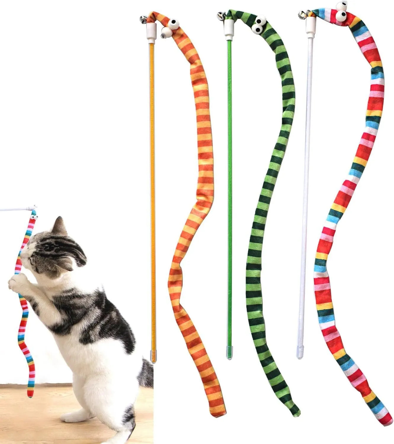 Cat wand toy with long plush strip teaser on a polycarbonate pole, shown in vibrant colours