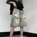 Blue retro denim shorts with wide-leg loose fit and tattered distressing details.