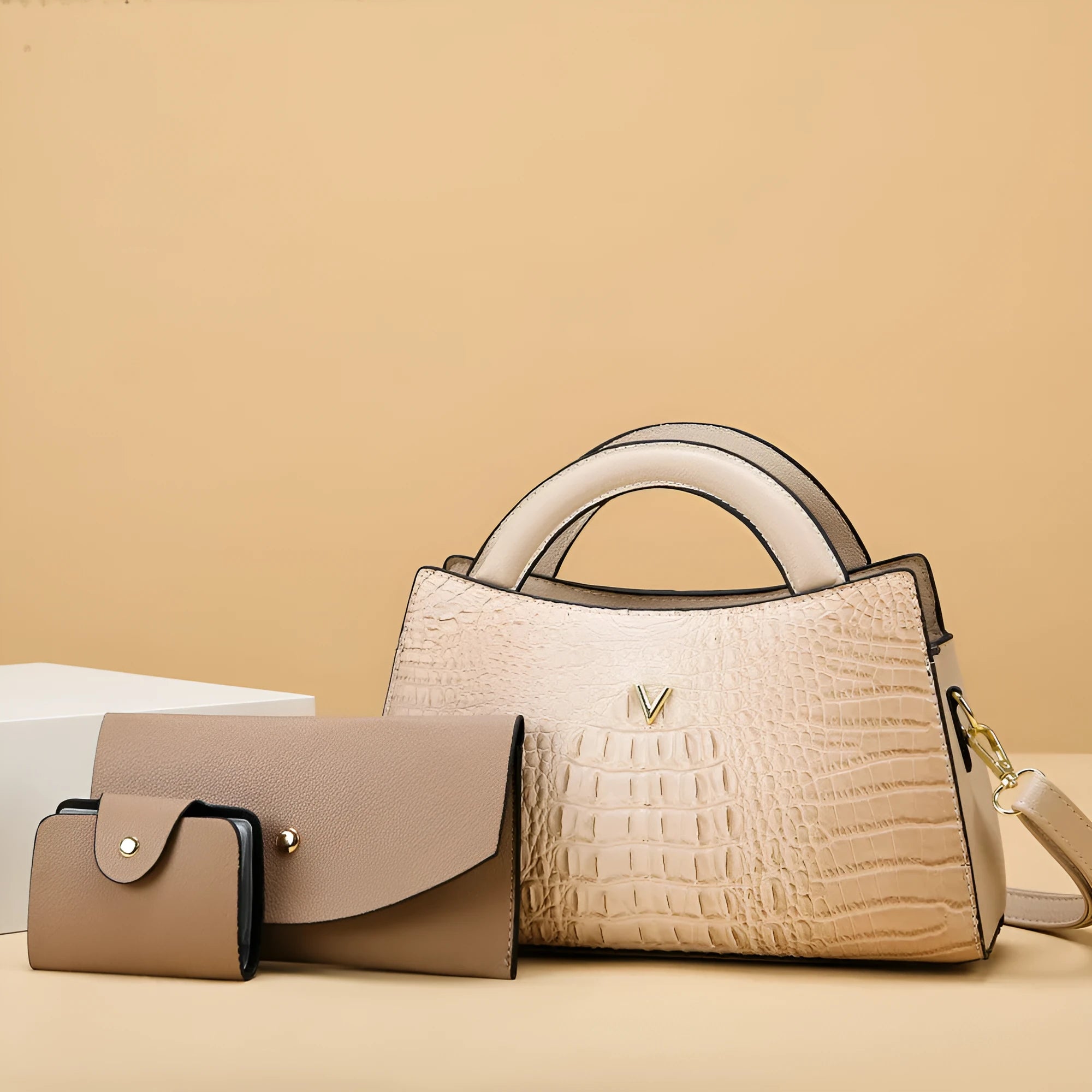 Women's black crocodile pattern PU leather crossbody bag showing internal phone and document pockets.