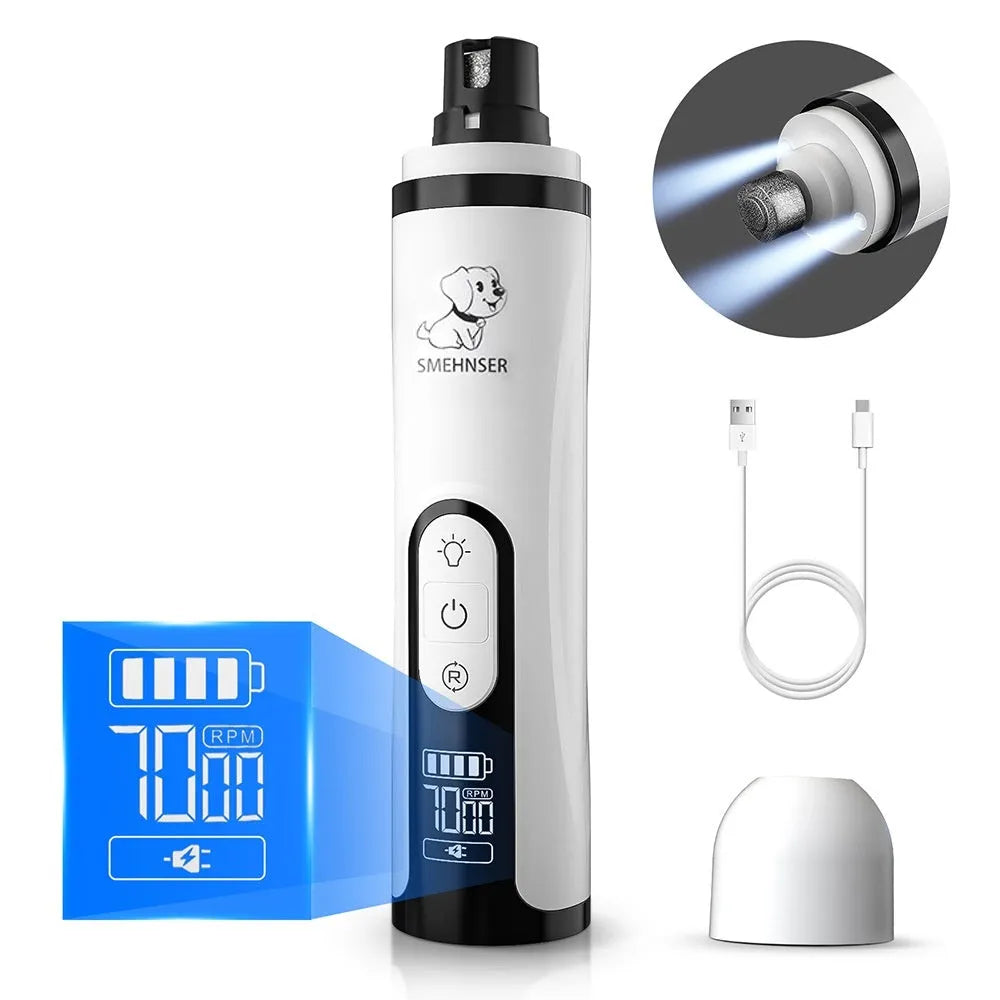 Electric dog nail grinder with LCD screen, LED lights, and a dust collection cup attached.