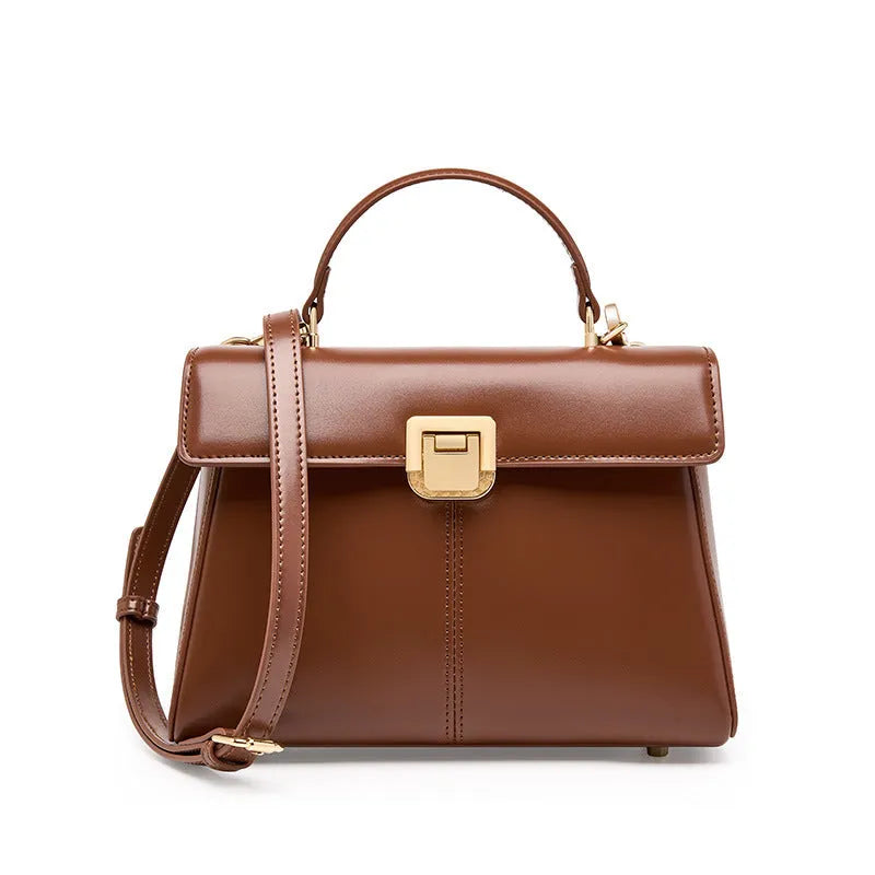 Women's black genuine leather shoulder handbag with vachette clasp in horizontal square shape