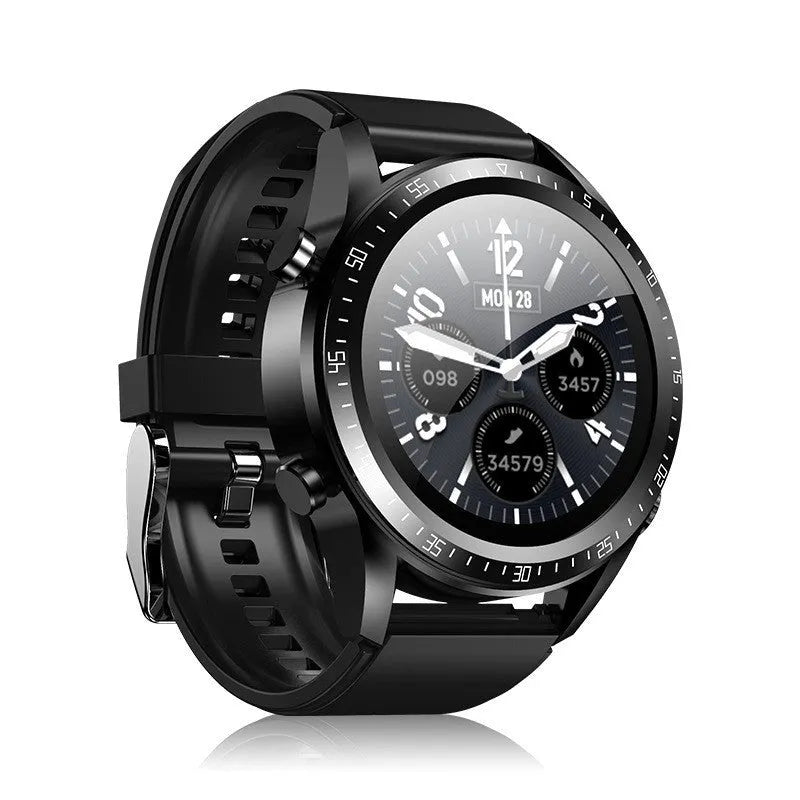 Black smartwatch with blood pressure monitor on silicone strap showing touchscreen display