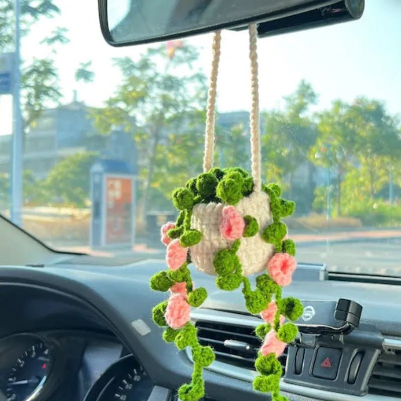 Green and white crochet car plant ornament with 25cm white hanging rope on 8cm basin base