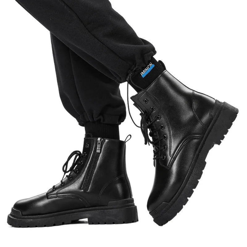 Men's black mid-top leather-style boots with rubber sole showing waterproof non-slip design
