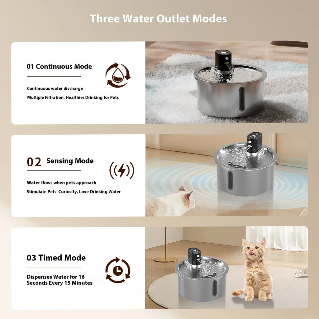 Stainless steel cat water fountain with white heating base for constant temperature pet hydration