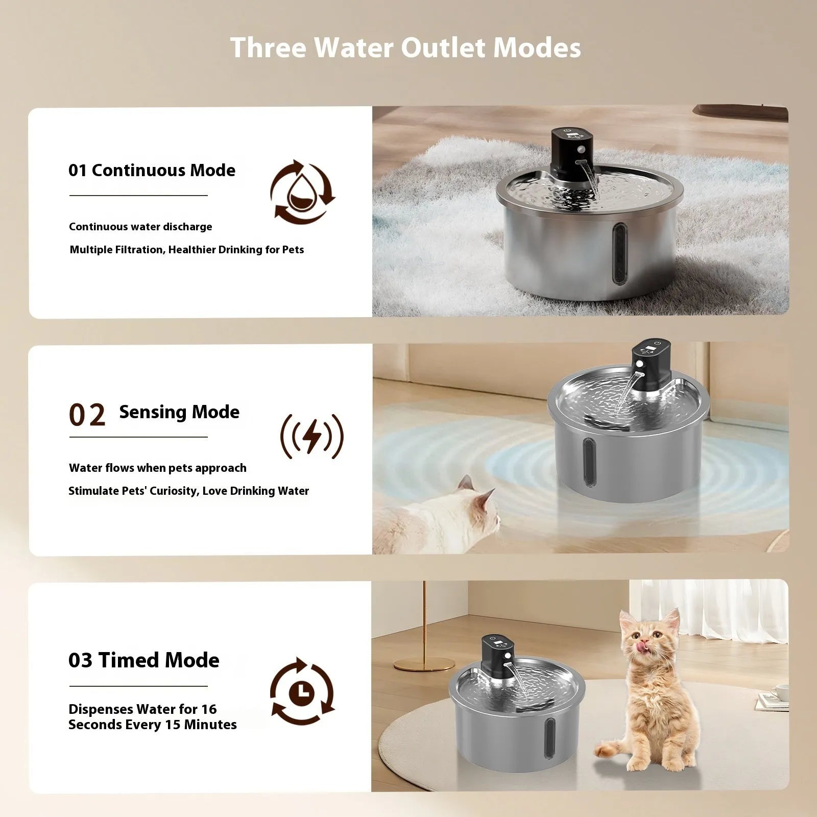 Stainless steel cat water fountain with white heating base for constant temperature pet hydration