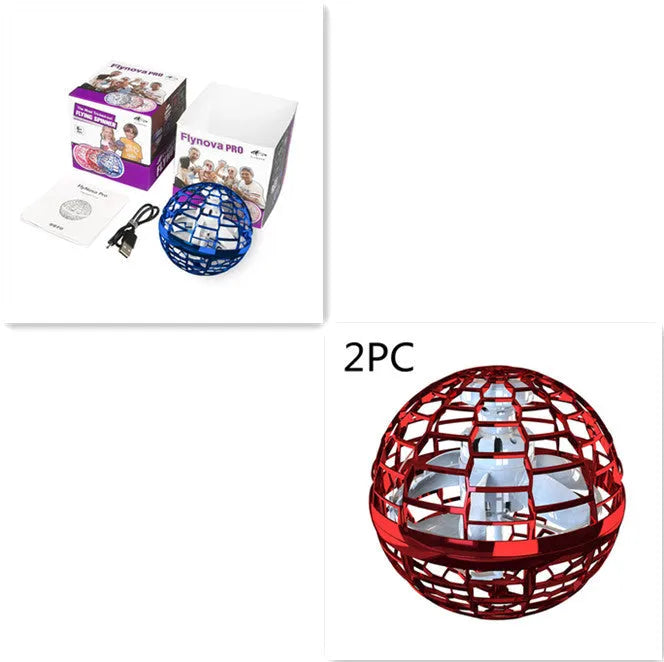 Blue spinning flying ball toy with LED lights hovering above a child's hand, with a magic wand accessory.