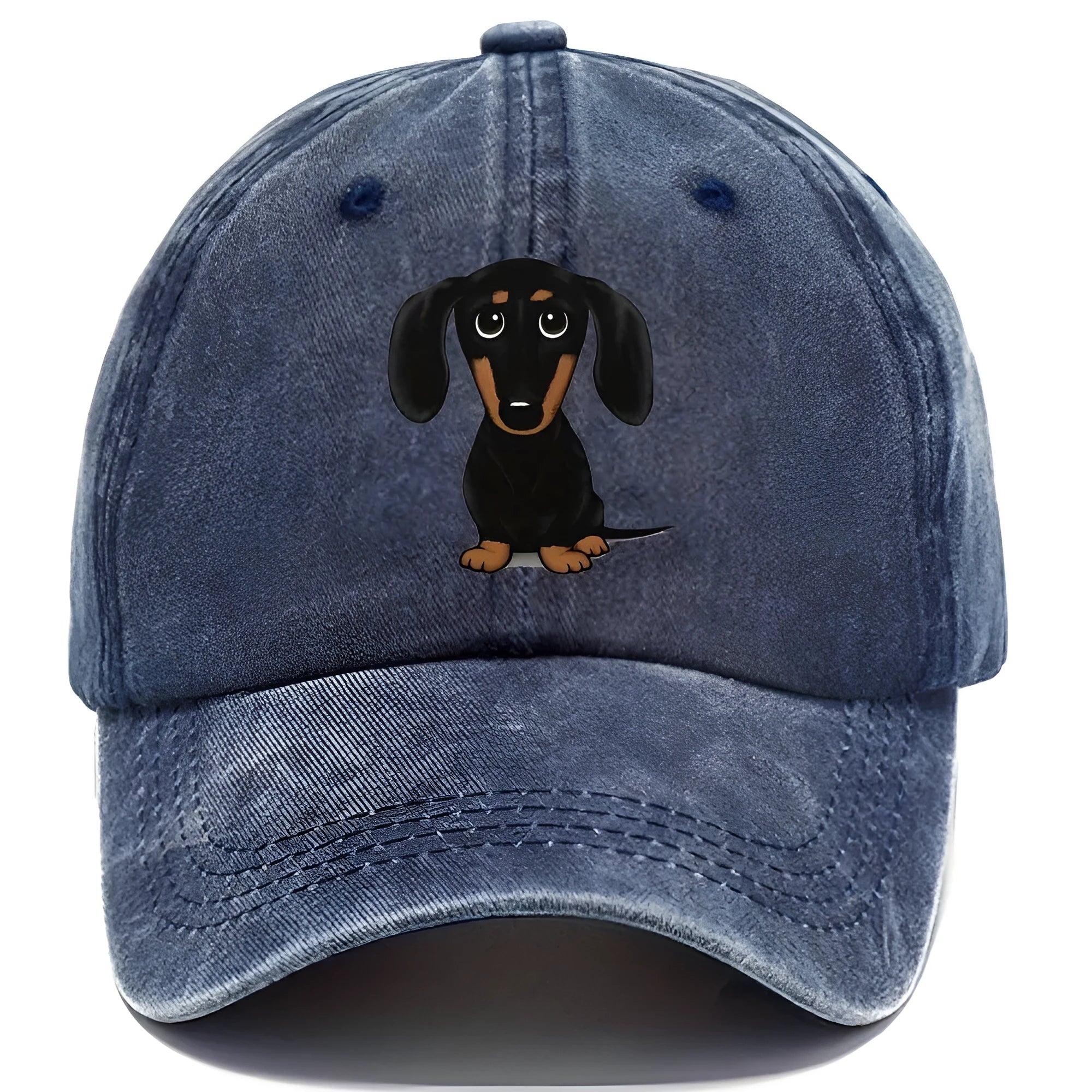 Retro washed cotton baseball cap with embroidered dachshund design on front panel