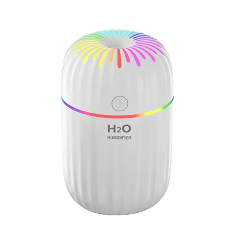 Small white Fireworks USB desktop humidifier with water tank on a wooden desk.