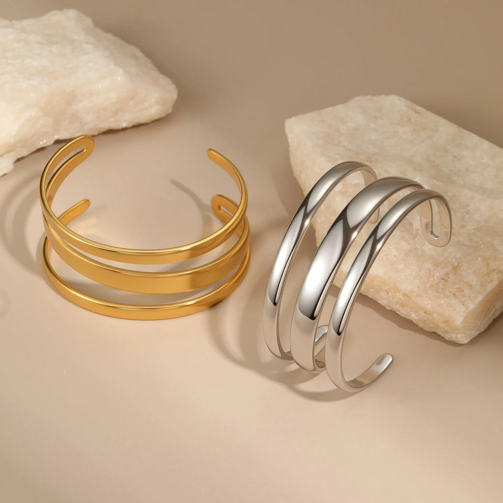 Stainless steel geometric line bracelet for women with simple opening clasp in gold or steel colour