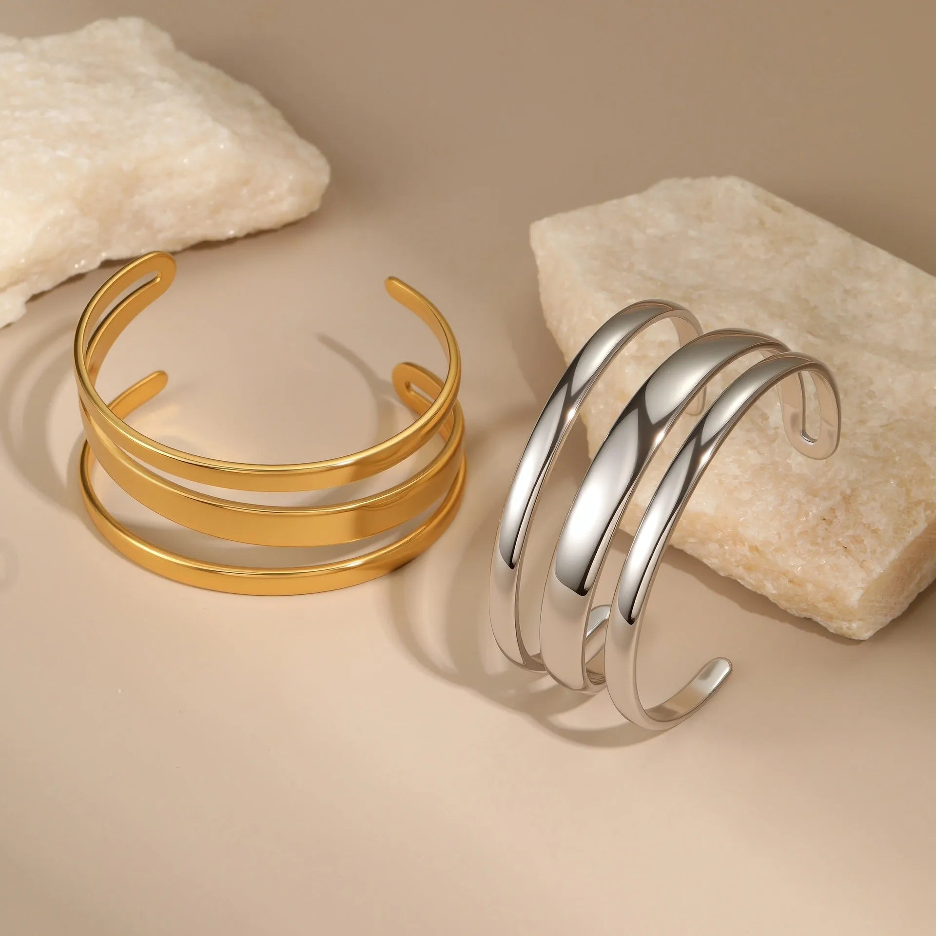 Stainless steel geometric line bracelet for women with simple opening clasp in gold or steel colour