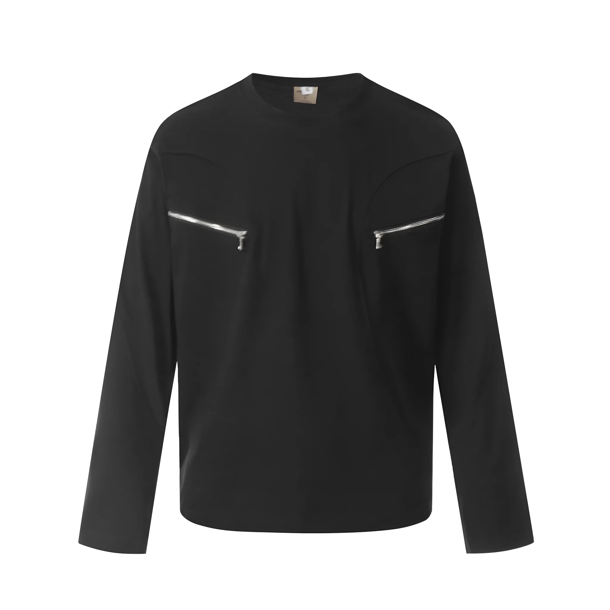 Man wearing a loose fit grey long sleeve cotton t-shirt for casual wear.