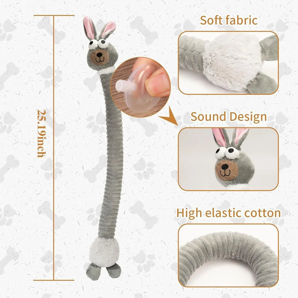 Plush stuffed dog toy with brown, gray or yellow colour options featuring crinkle and squeaker elements