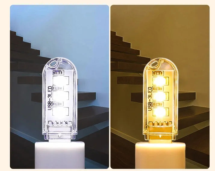 Small white USB-powered LED night light showing warm and cool white light options