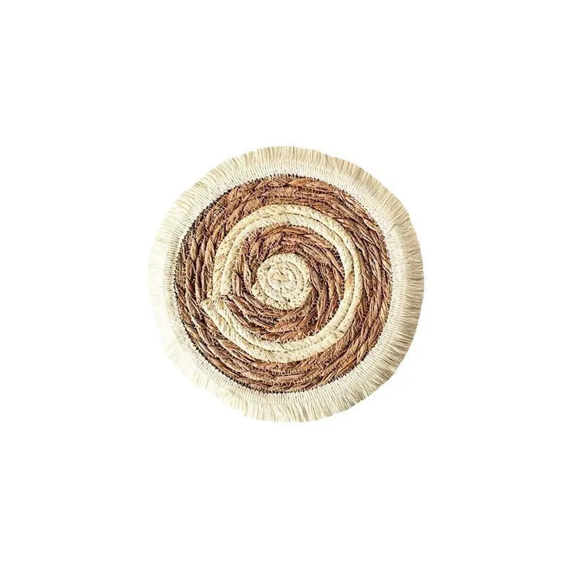 Round natural papyrus placemat with tassels in modern simplicity design