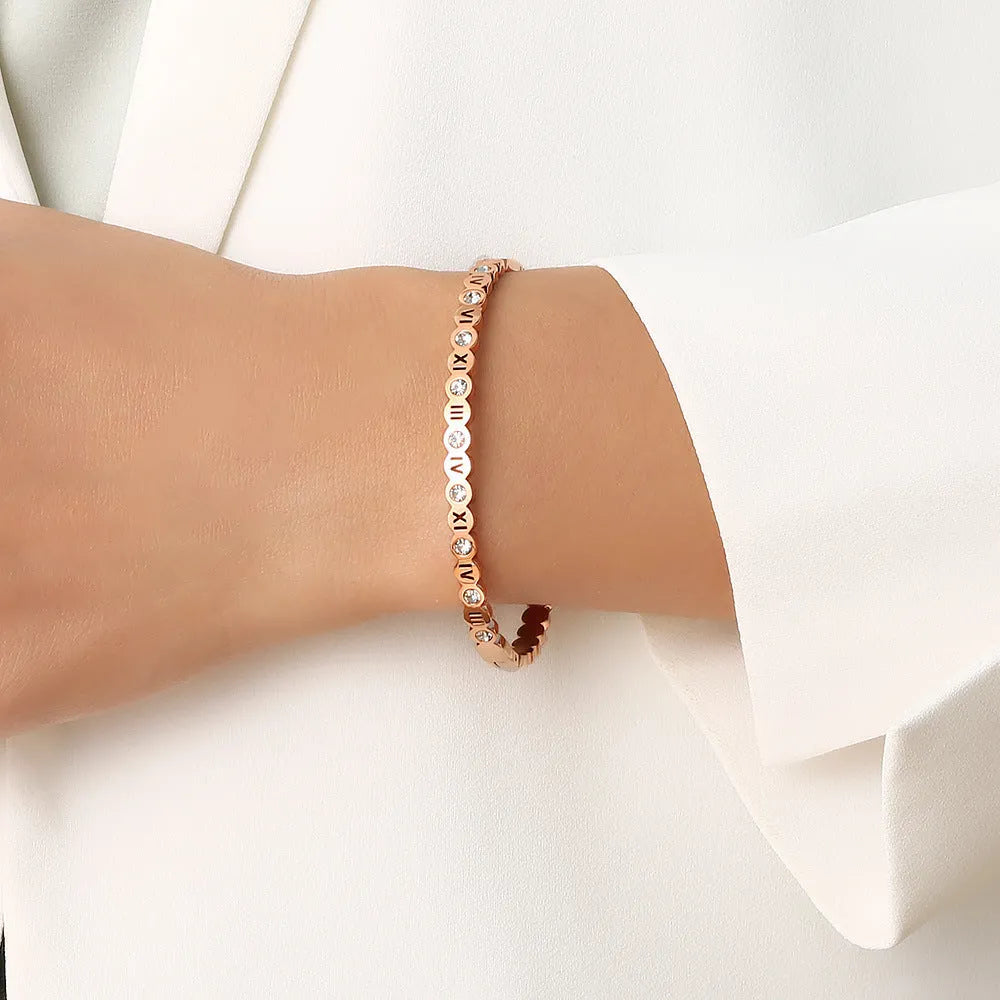 Korean style titanium steel men's bracelet with number design in gold, rose gold, or steel colour.