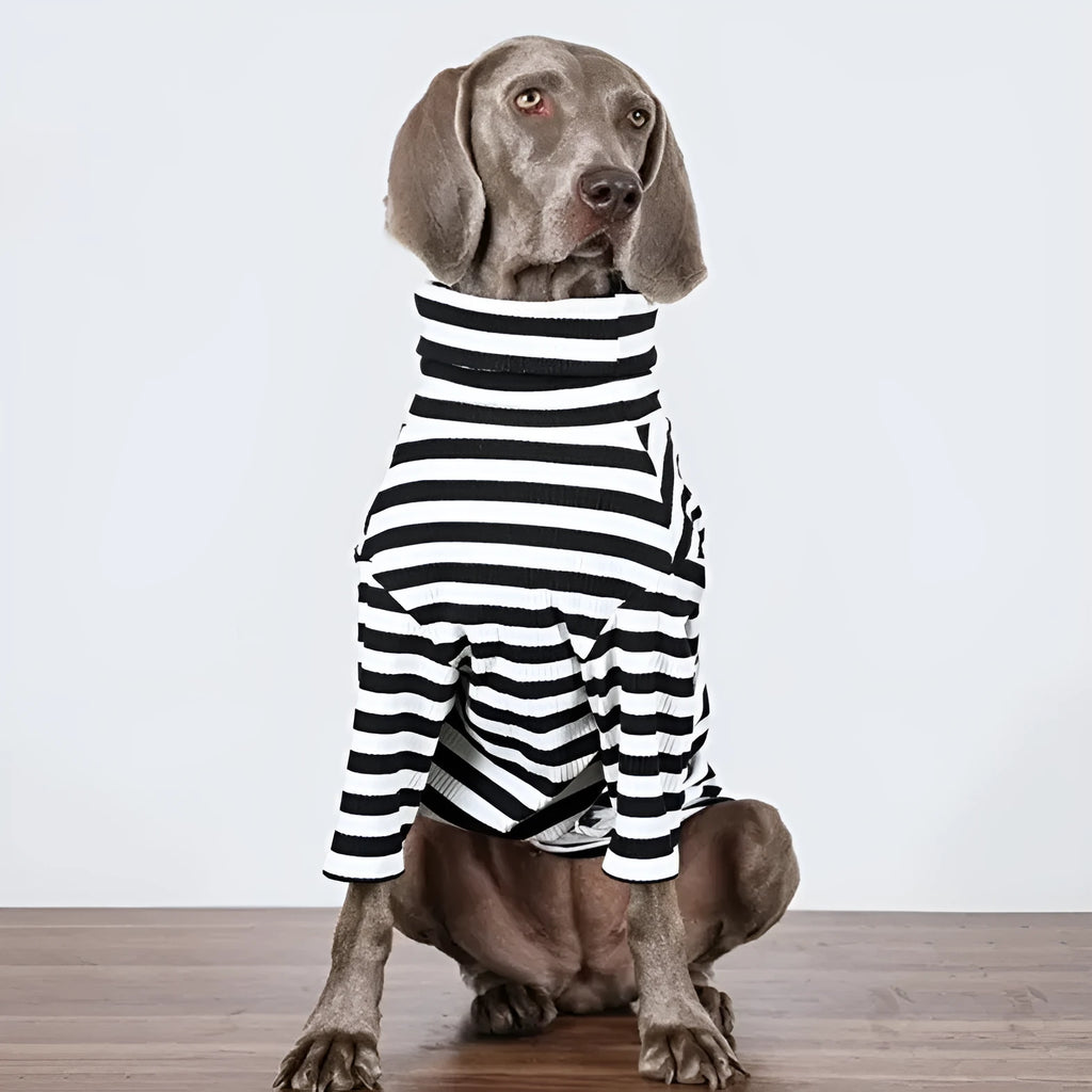 Black and white thin polyester dog clothing for large breeds shown in multiple size options