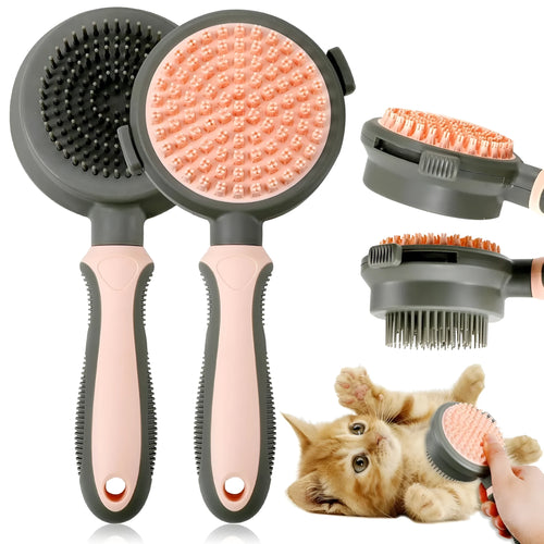 Double-sided cat brush with smooth brush and flea comb on reverse sides, showing release button mechanism