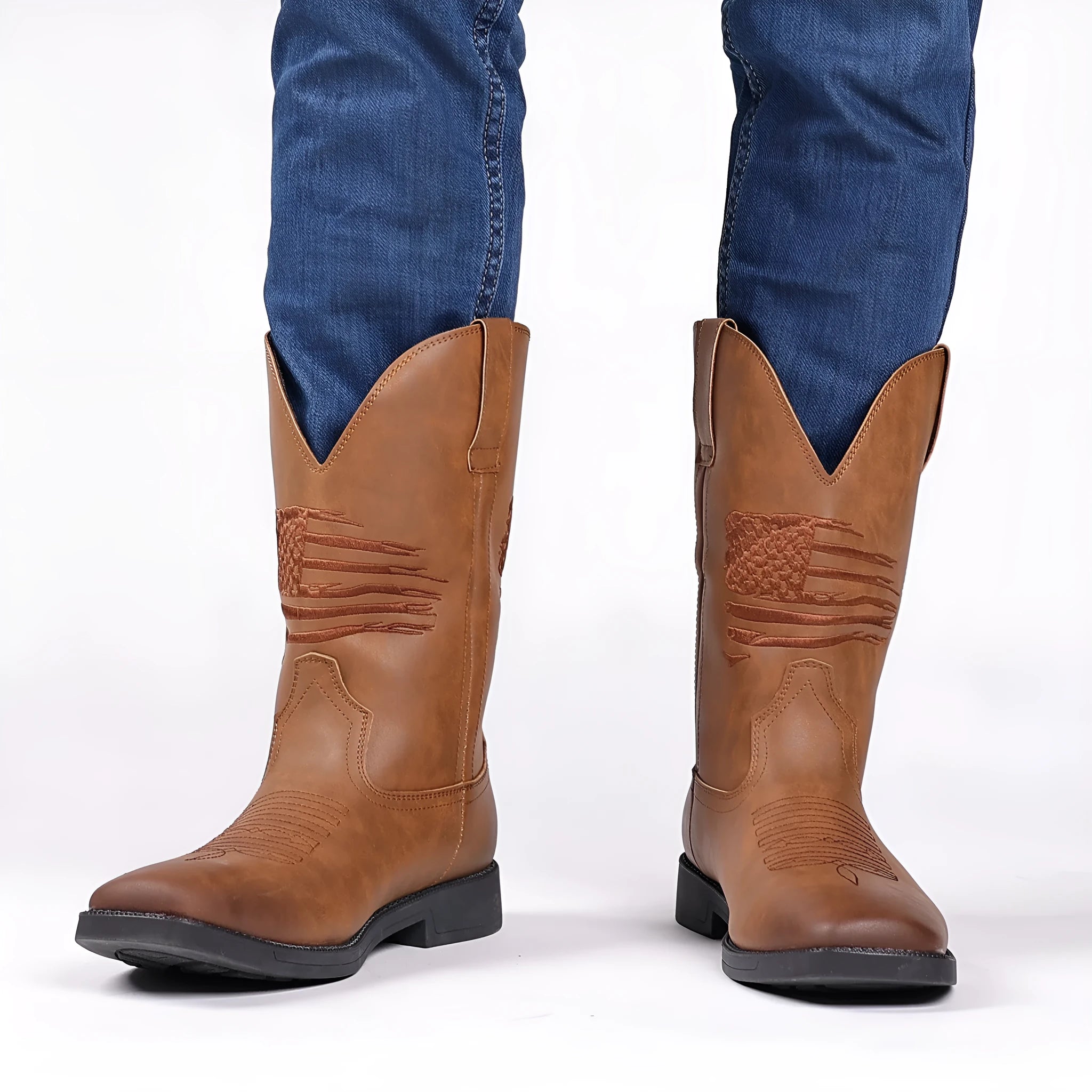 Men's brown retro wide head square toe cowboy boots with high shaft and mesh lining
