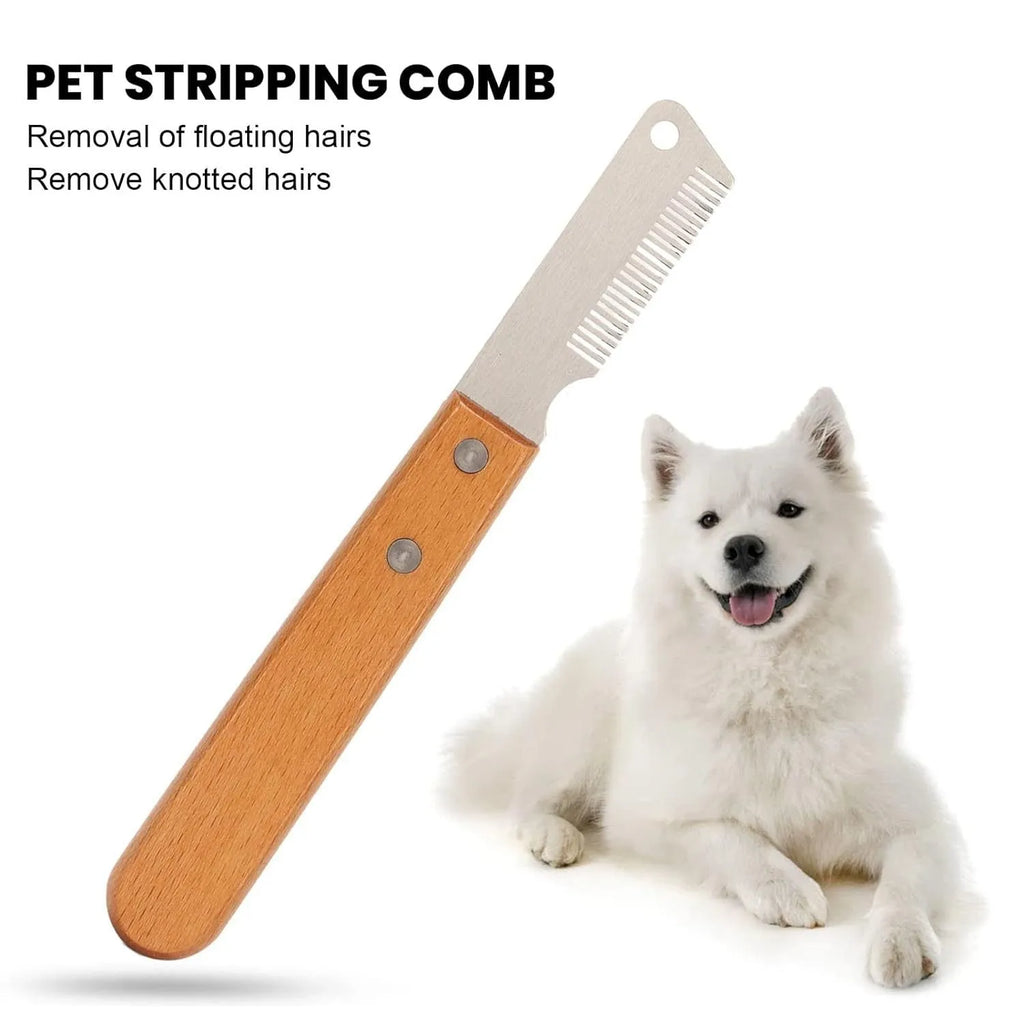 Pet stripping comb with wooden handle and metal teeth for removing hair from dogs and cats.