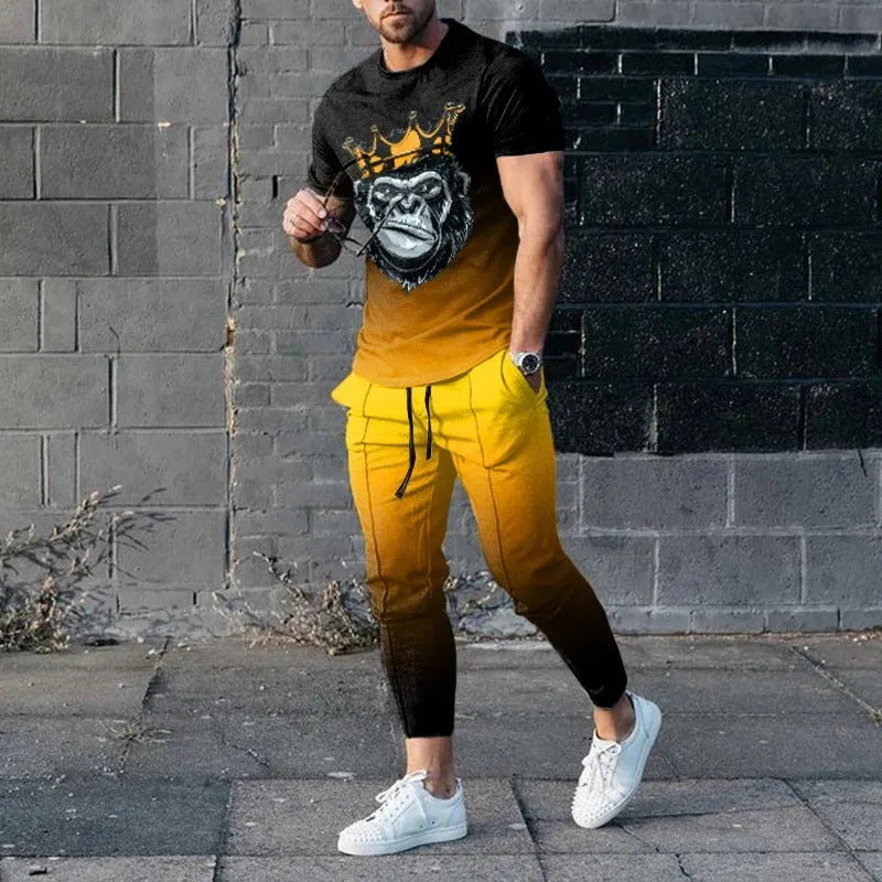 Men's short-sleeved pullover and trouser set in chemical fibre blend fabric for sports