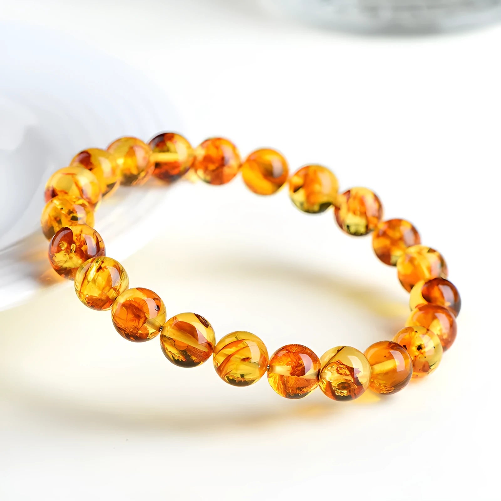 Natural yellow piebald amber bracelet with geometric beads in three size options