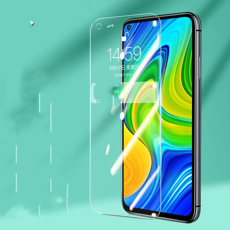 Tempered glass screen protector for Xiaomi and Redmi mobile phones on a white background.