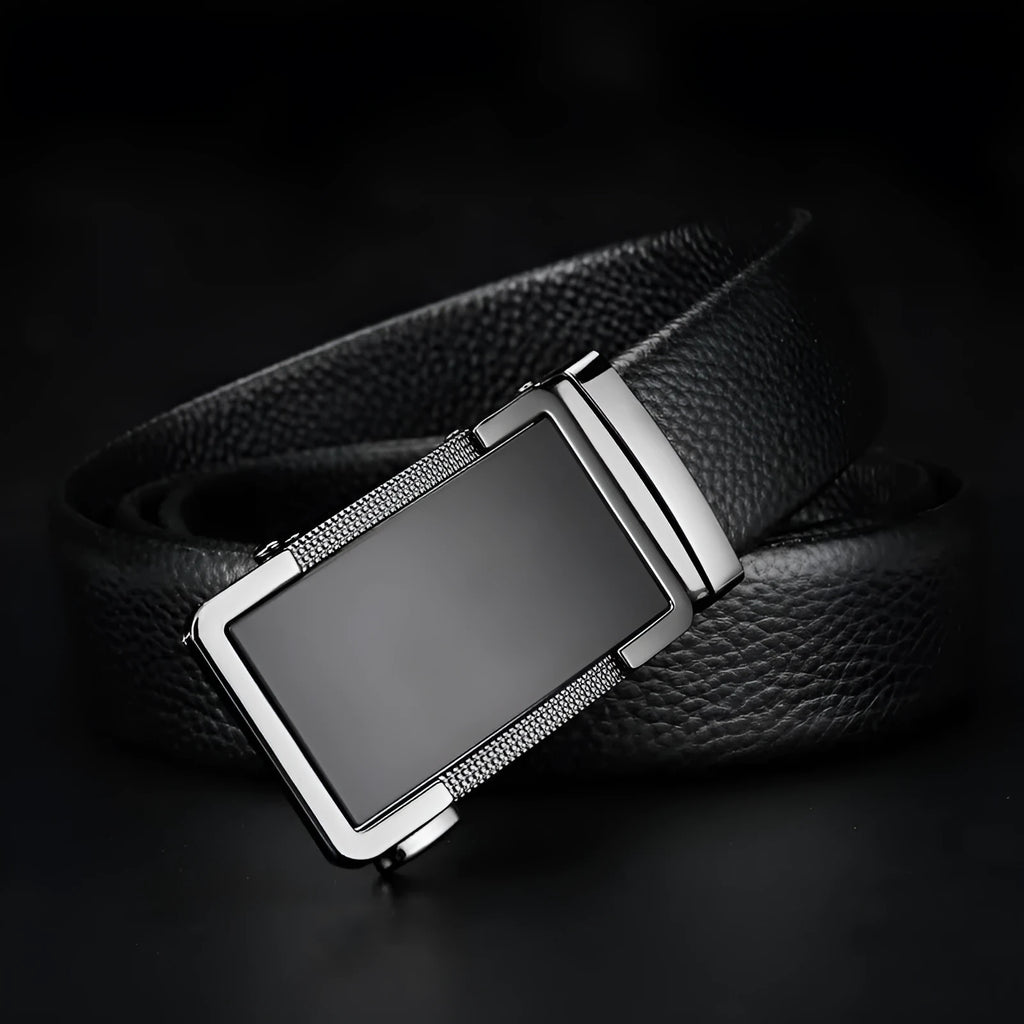 Men's leather belt with an automatic alloy buckle in gun black, silver, or gold colour, showing length adjustment.