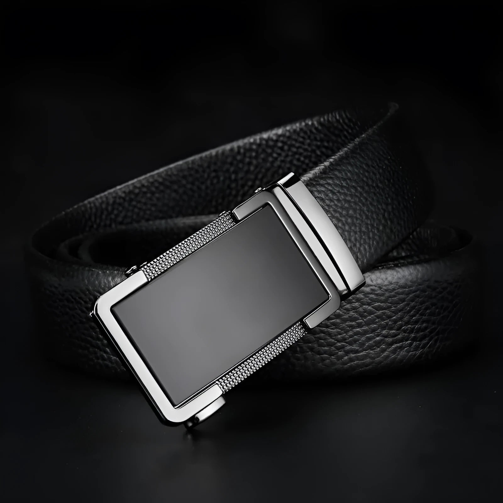 Men's leather belt with an automatic alloy buckle in gun black, silver, or gold colour, showing length adjustment.