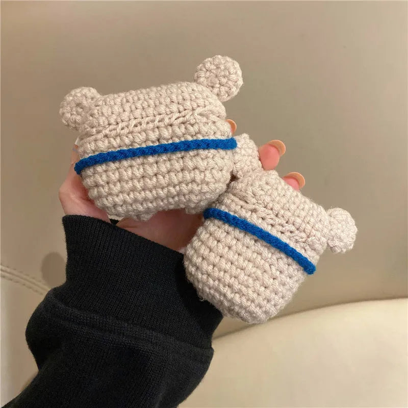 Handmade knitted AirPods protective case with koala bear backpack design for wireless earbuds