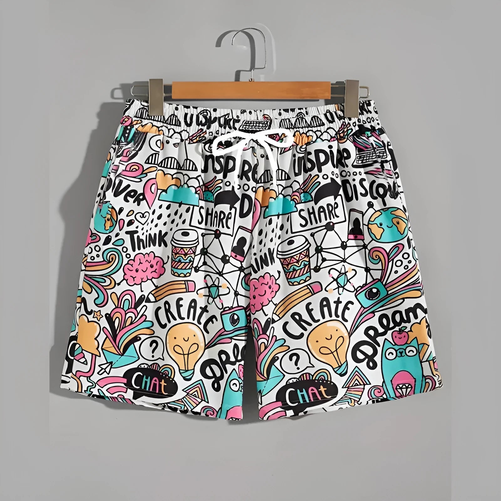 Man wearing loose-fit beige polyester beach shorts on a summer day.