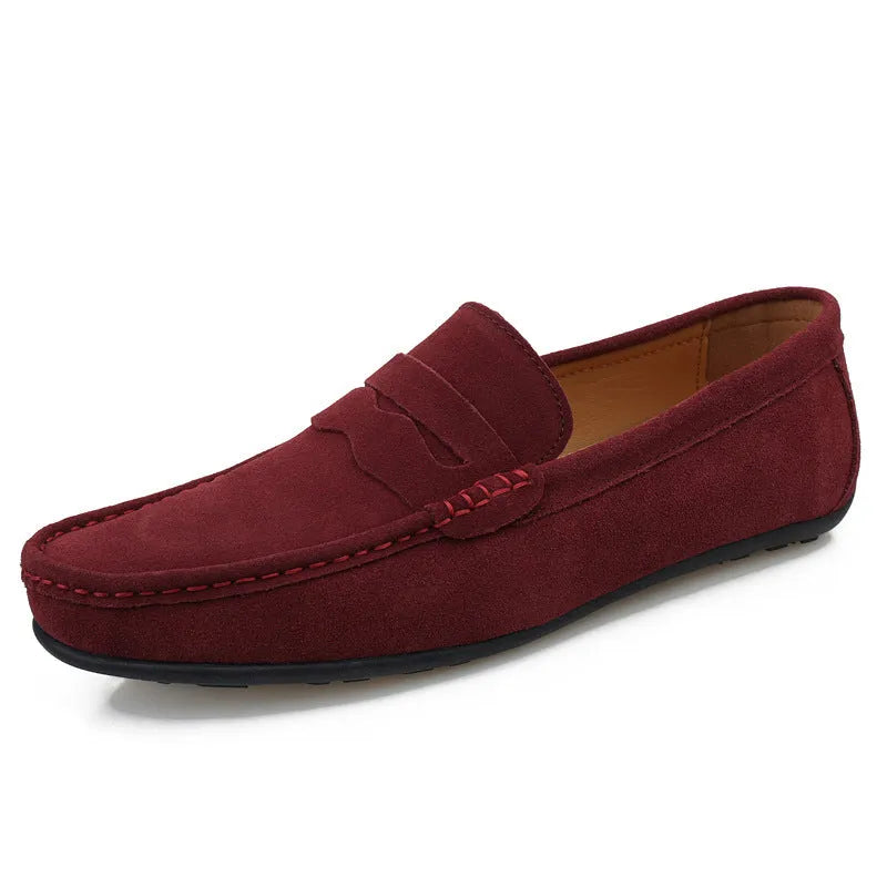 Men's suede slip-on loafers in solid colours with round toe and rubber sole