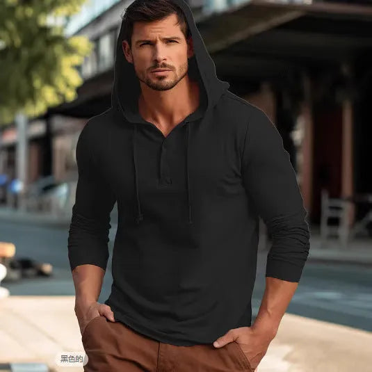 Men's dark blue cotton pullover hoodie with long sleeves on a mannequin