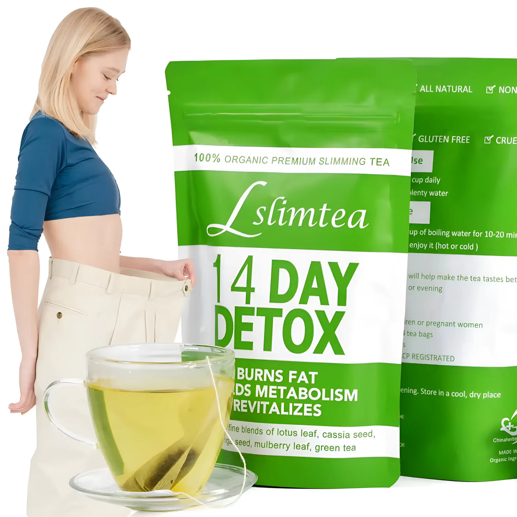 Box of 14-day herbal detox tea with 14 individual 3g sachets showing total 42g weight