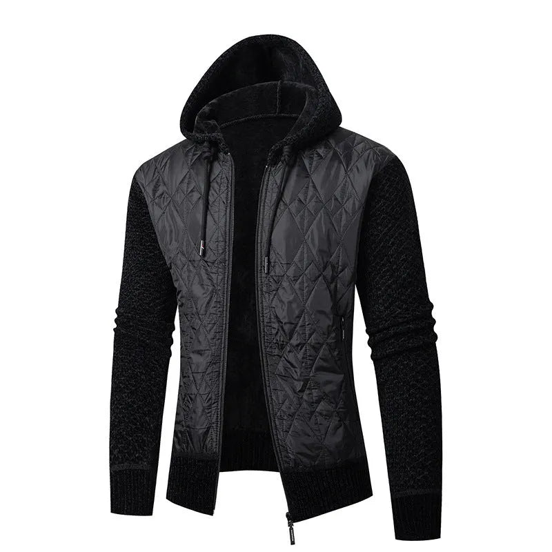 Men's grey hooded corduroy sweater coat with cinched waist and wool composition