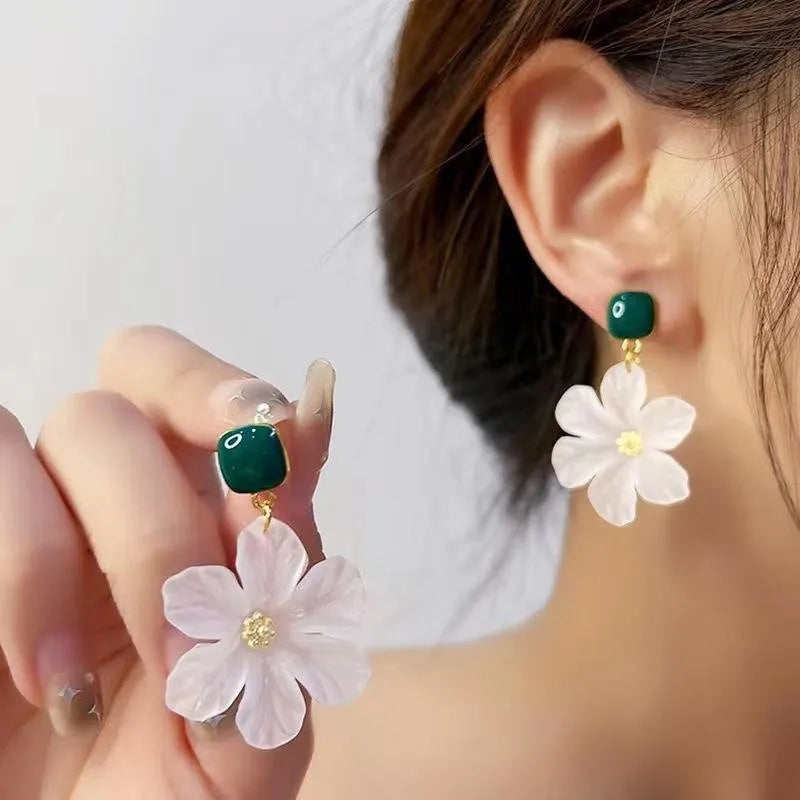 Dark green alloy floral earrings with sterling silver needles and wirework sweet flowers design