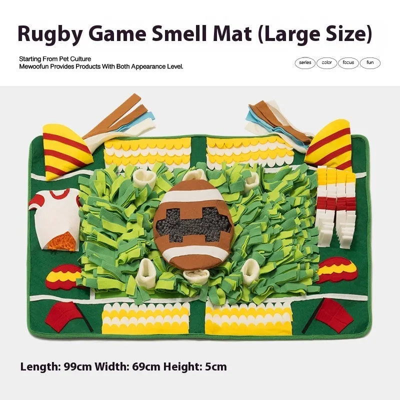 Themed dog sniffing mat with food hiding design for canine enrichment activities