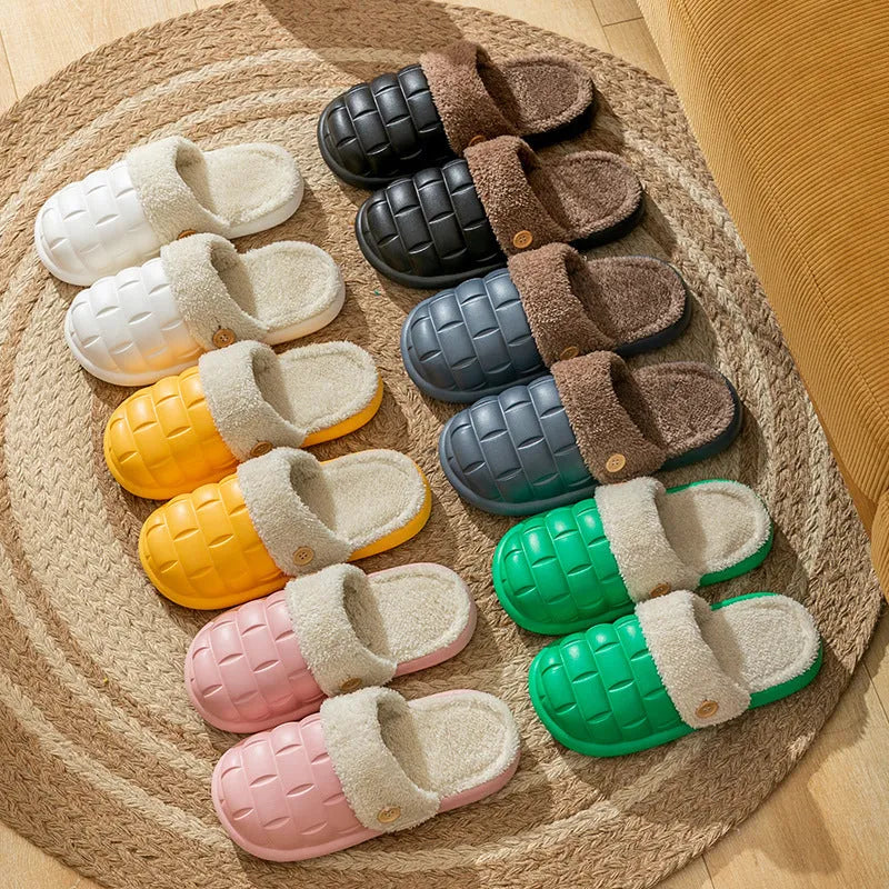 Women's detachable plaid winter slippers with plush lining and non-slip EVA soles in various colours