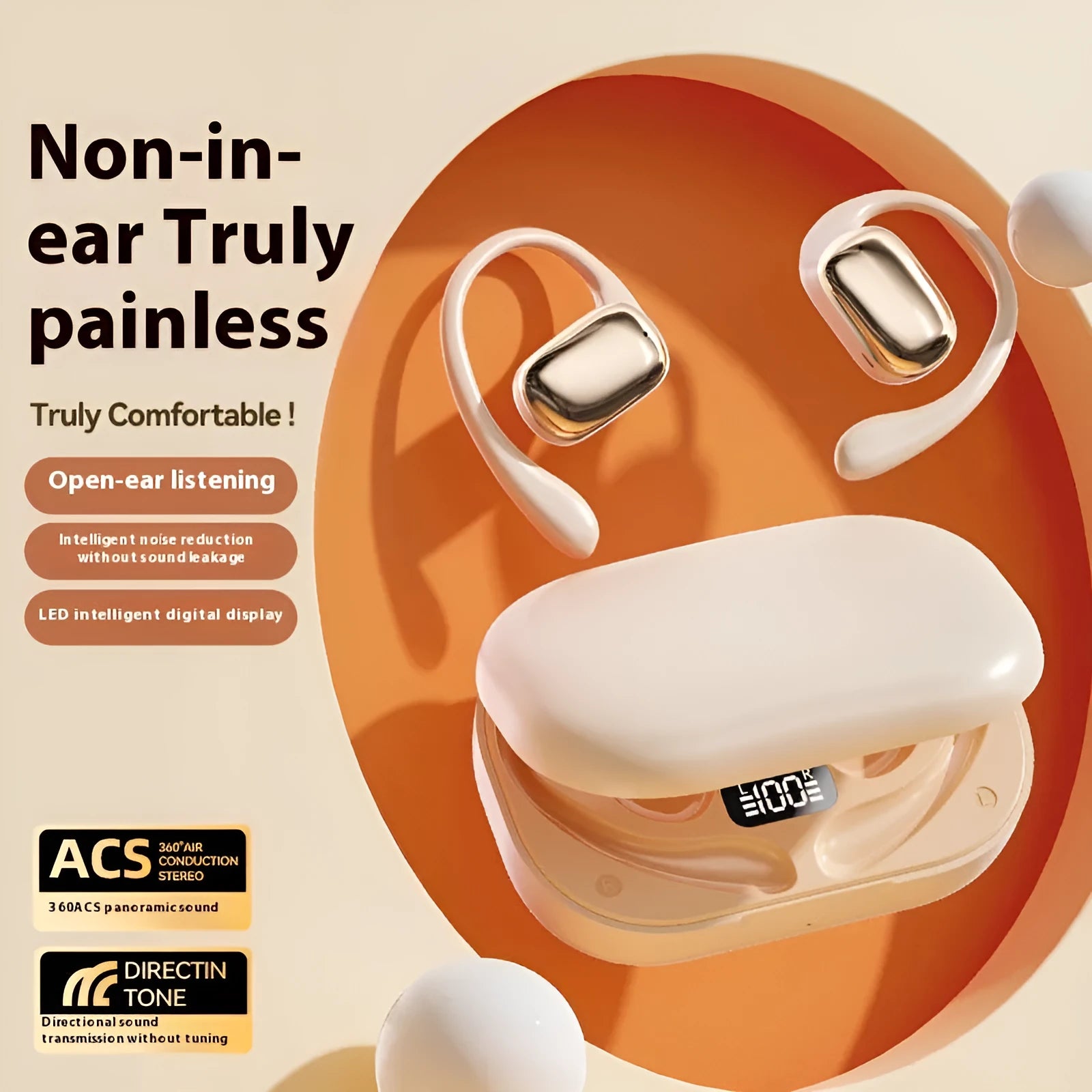 Ear-mounted headphones with digital display screen in black, skin colour or white finish