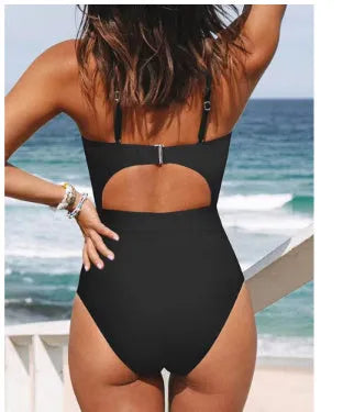 Women's solid colour one-piece swimsuit with cross body and backless design in black wine red or peacock blue