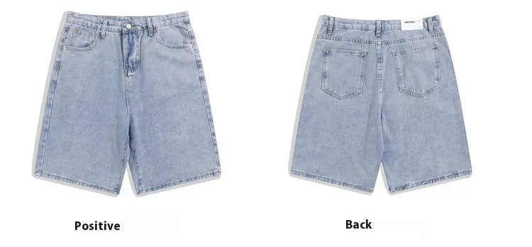Men's light blue denim shorts with straight legs and five-pocket design on a mid waist.