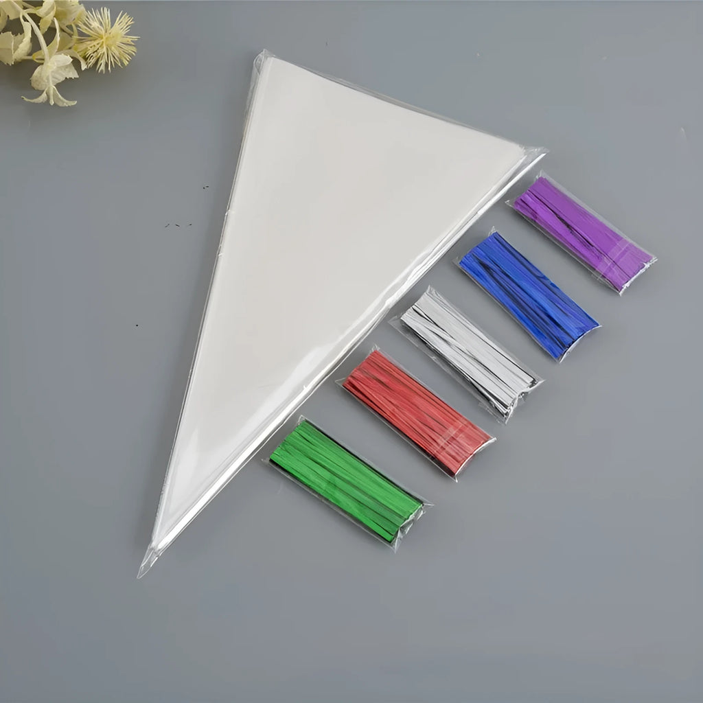 Triangle-shaped clear plastic packaging bag with a metallic tie wire closure.