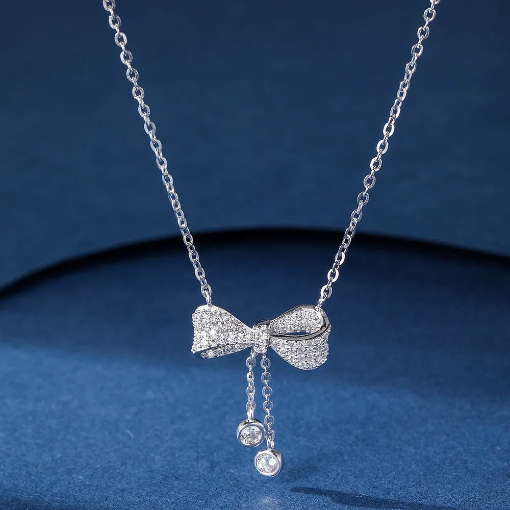 S925 sterling silver bow pendant clavicle necklace on 40-45cm O-ring chain