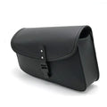 Black PU leather motorcycle swingarm saddlebag mounted on Sportster side showing 30x24x20cm dimensions