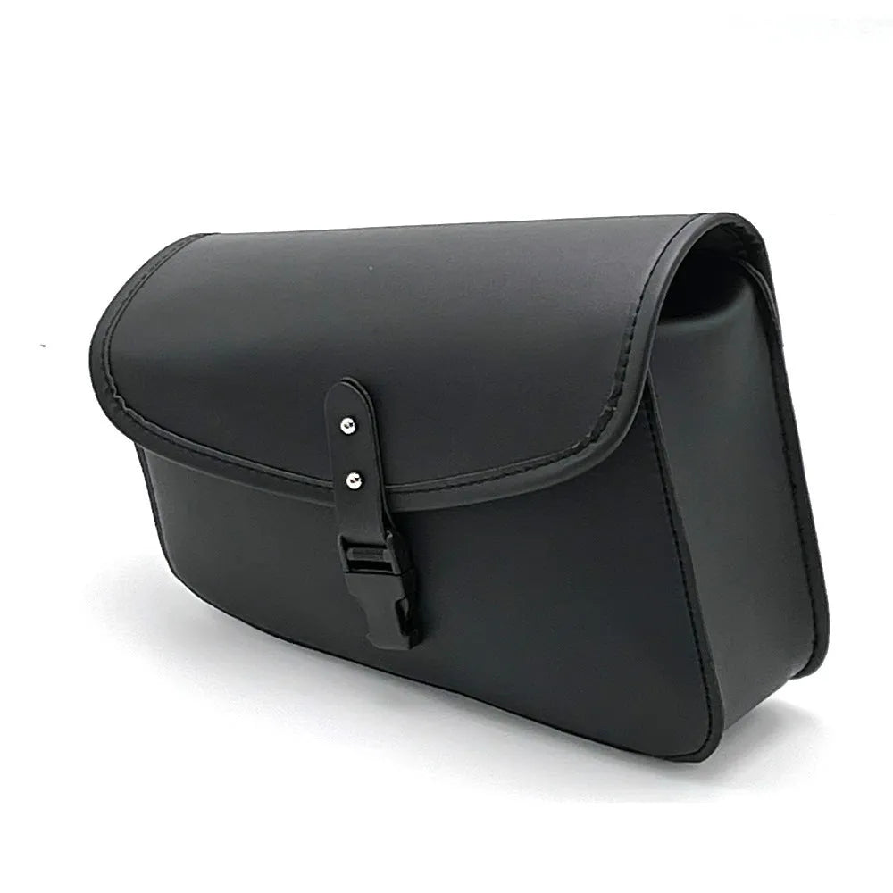 Black PU leather motorcycle swingarm saddlebag mounted on Sportster side showing 30x24x20cm dimensions