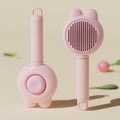 Self-cleaning pet grooming brush in green with stainless steel comb and release button.