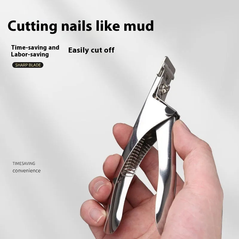 Stainless steel U-shaped nail art scissors in electrophoresis black, colour titanium, and silver finishes for French manicures.