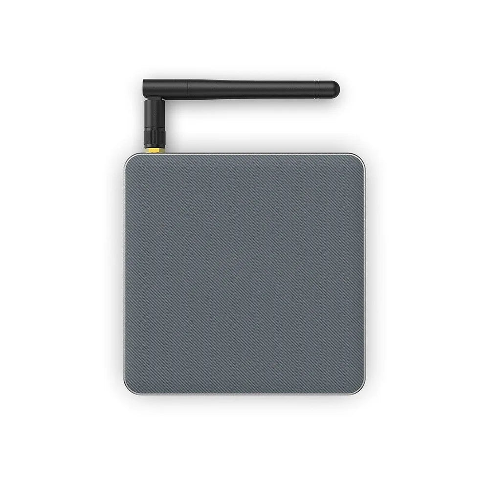 Android 8K TV set-top box with remote control, HDMI cable, and power supply on a white background.