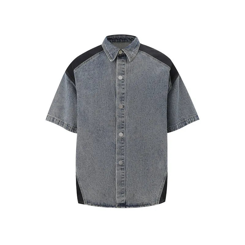Retro washed denim suit with short-sleeved jacket and matching trousers in black or blue